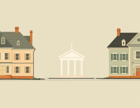 Two tasteful residential homes on opposite sides of a wide composition, a courthouse centered between them signaling interstate divorce in Texas.