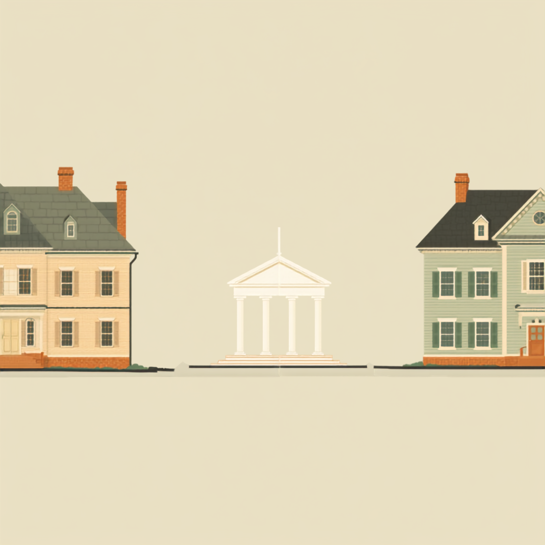 Two tasteful residential homes on opposite sides of a wide composition, a courthouse centered between them signaling interstate divorce in Texas.
