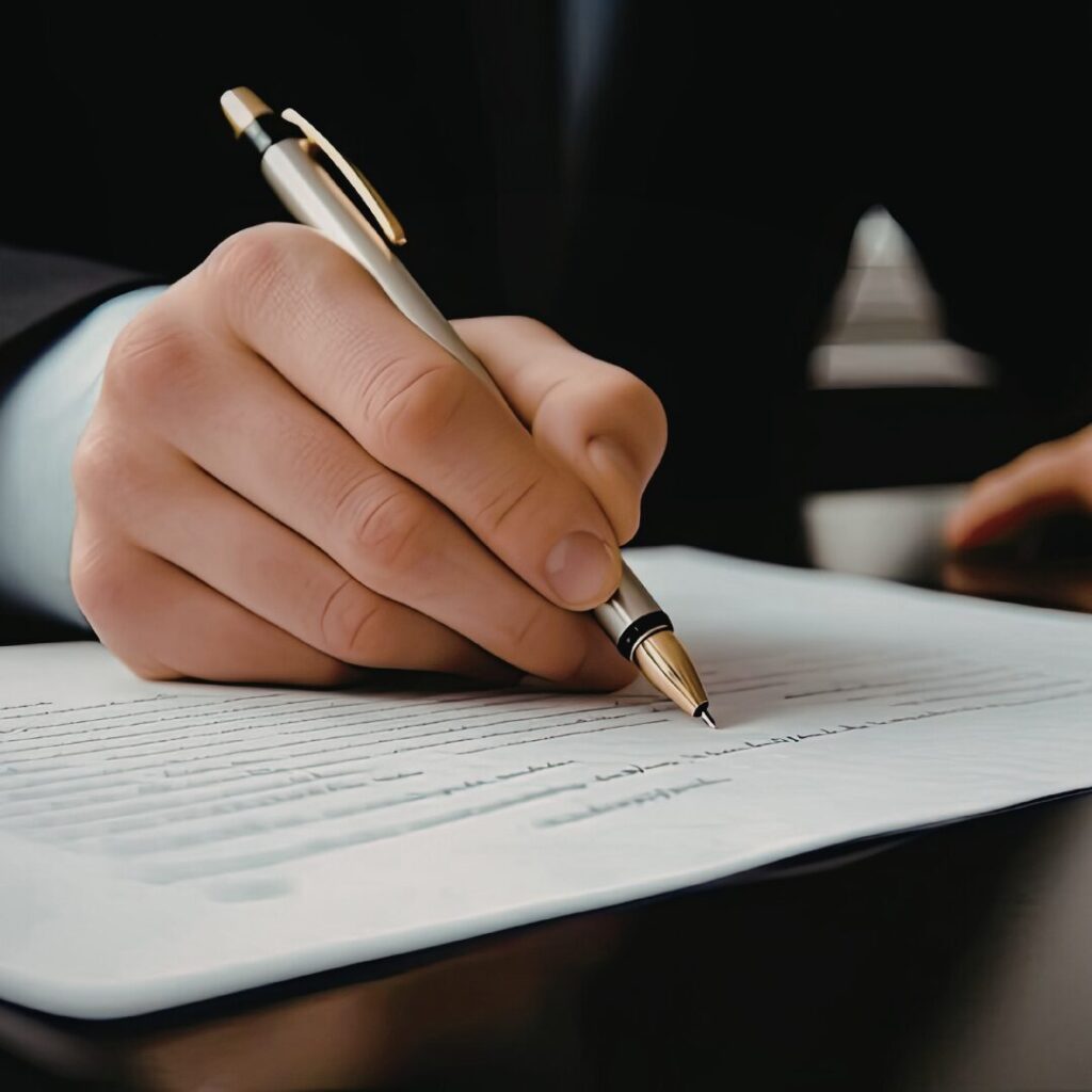 Person with a pen writing on pre-birth order legal document.