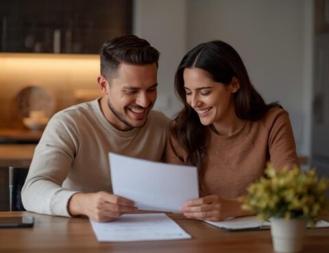 A happy couple reviewing Texas post and prenuptial agreements together at a kitchen table with soft lighting.