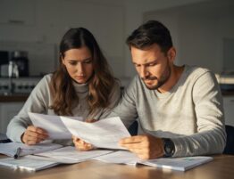 A couple looking over papers on a table as they think about divorce.