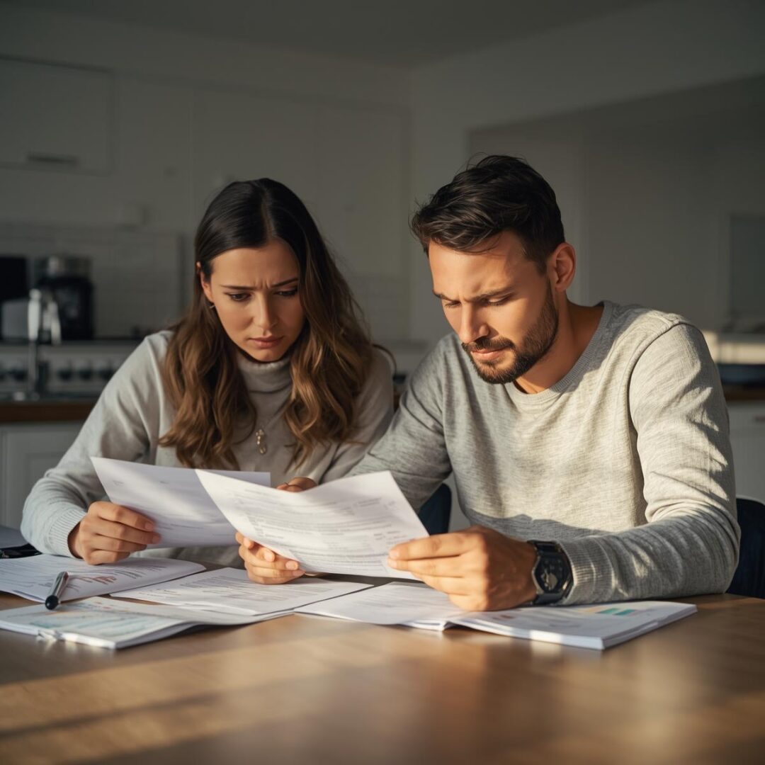 A couple looking over papers on a table as they think about divorce.