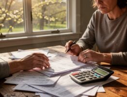 A parent at a table looking at a child support modification order in the spring, calculator nearby, spring sunlight through a window.