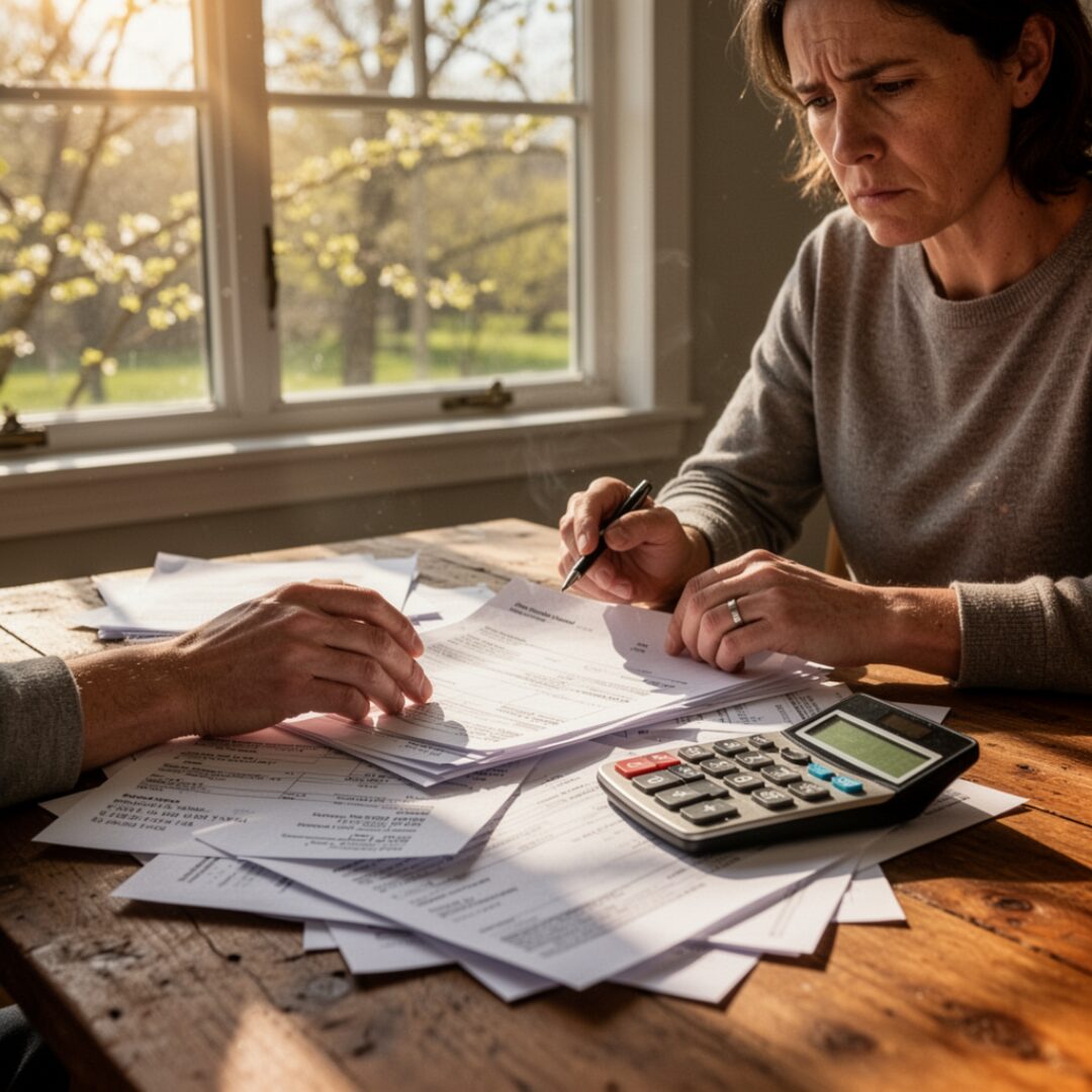 A parent at a table looking at a child support modification order in the spring, calculator nearby, spring sunlight through a window.