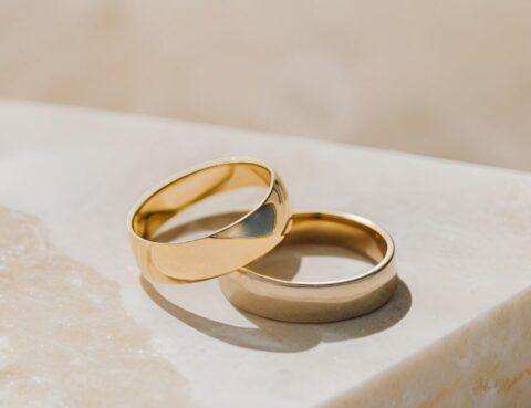 Two gold wedding rings indicating prenup and postnup agreements.