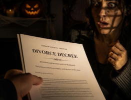 One partner is handing the other a formal document resembling divorce papers. The receiving partner looks genuinely startled and slightly spooked, as if they were completely caught off guard. The document should be prominently visible in the foreground, with its shadow dramatically falling across the receiving partner’s face to create a suspenseful Halloween-inspired effect.