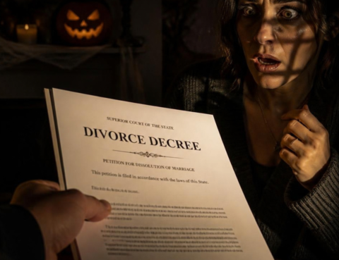 One partner is handing the other a formal document resembling divorce papers. The receiving partner looks genuinely startled and slightly spooked, as if they were completely caught off guard. The document should be prominently visible in the foreground, with its shadow dramatically falling across the receiving partner’s face to create a suspenseful Halloween-inspired effect.