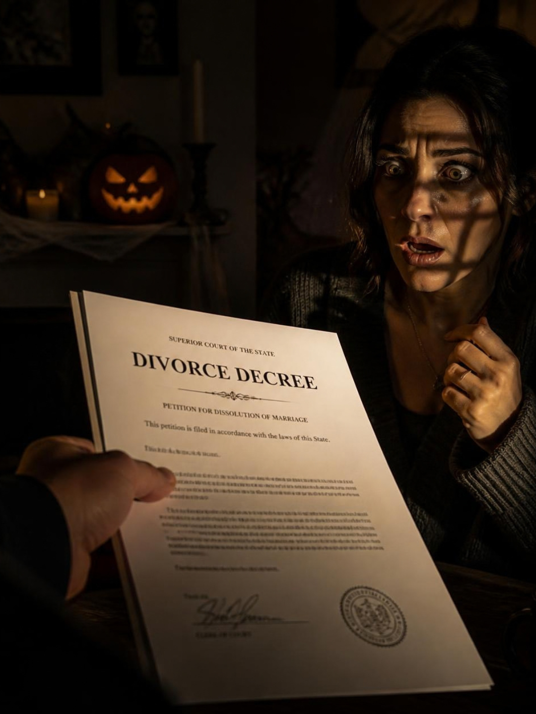 One partner is handing the other a formal document resembling divorce papers. The receiving partner looks genuinely startled and slightly spooked, as if they were completely caught off guard. The document should be prominently visible in the foreground, with its shadow dramatically falling across the receiving partner’s face to create a suspenseful Halloween-inspired effect.